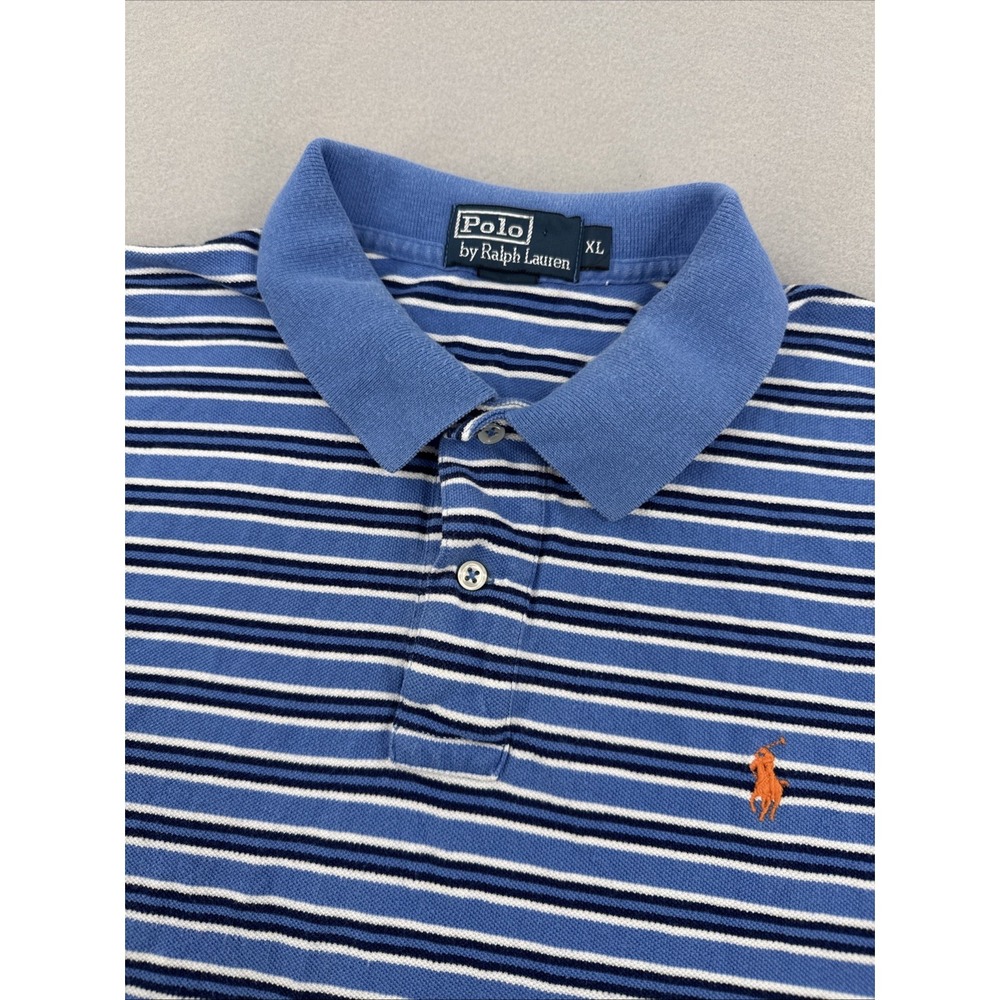 Polo Ralph Lauren Short Sleeve Pique Polo Mens XL Blue Striped Preppy Casual‎